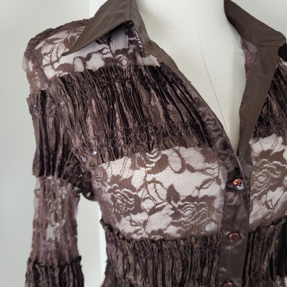 Lace long sleeve blouse button down sheer satin patchwork crinkle - Picture 8 of 14